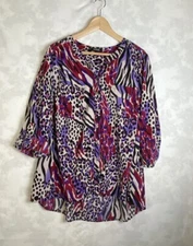 Elementz Top Women Plus Sz 3X Abstract Purple Blouse Buttondown Roll Tab Sleeve