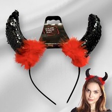 Devil Horns Headband Costume Cosplay Sequins Feathers Red Black Unisex Ages 8 