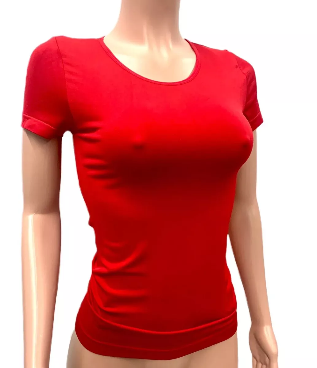 Hot Red Seamless Stretchy Fitted Skin Tight Nylon Crewneck Tee T