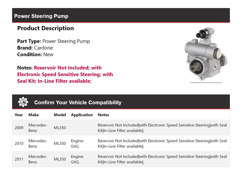 Bomba de dirección asistida Cardone 2010 para Mercedes-Benz ML350 2009-2011 Foto 2 de 4