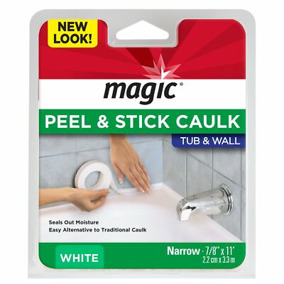 Magic Peel & Stick Caulk Tub & Wall WHITE 7/8'' x 11' Bathtub Shower Water Seal