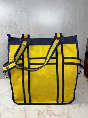 MON SAC of San Francisco Vintage Canvas Shopper Tote Bag Yellow Navy Blue Trim