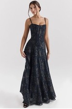 House of CB Maxi Dress Navy Blue Floral Esme Fil Coupe Corset Gown size L READ