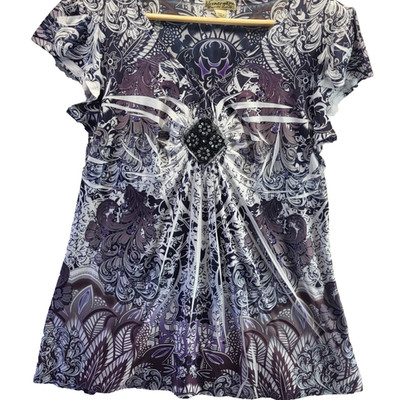 Energe World Wear Shirt Womens Petite Medium PM Purple Paisley Sequin Fairy Core