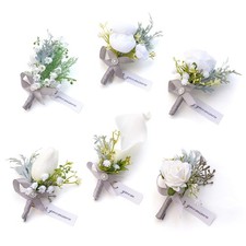 White Boutonniere for Men Set 6 Corsage Groomsmen Guest Wedding Prom Suit Decor