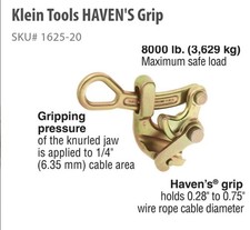 KLEIN TOOLS 1625-20 Cable Pulling Jaw Grip,8000 lbMax,0.75in 2DGR5