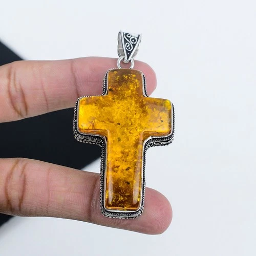 Rare Baltic Amber Cross Pendant 925 Sterling Silver Handmade Pendant For Gifts
