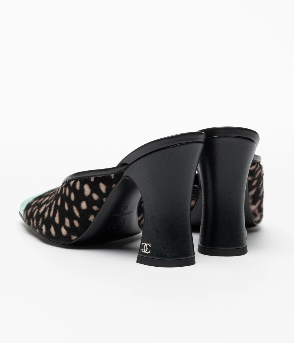 Chanel 26S Blazy Black White Pony Fur Green Square Toe Block Heel