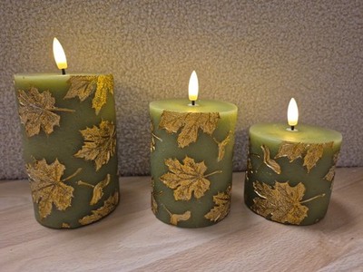 ELAMBIA 3 LED-Kerzen goldene Blätter Flamme Luma Höhe 10, 12,5 & 15cm