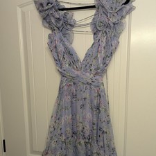 Ieena for Mac Duggal Purple Ruffle Tiered Floral Chiffon Midi Dress Lilac 12