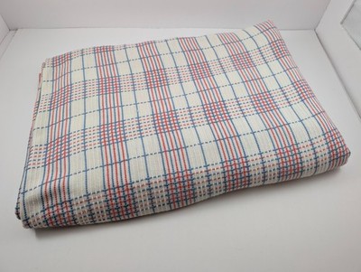 Vintage 70's Sears Perma Prest Bedspread Red White Blue Woven Plaid 100 x 73''