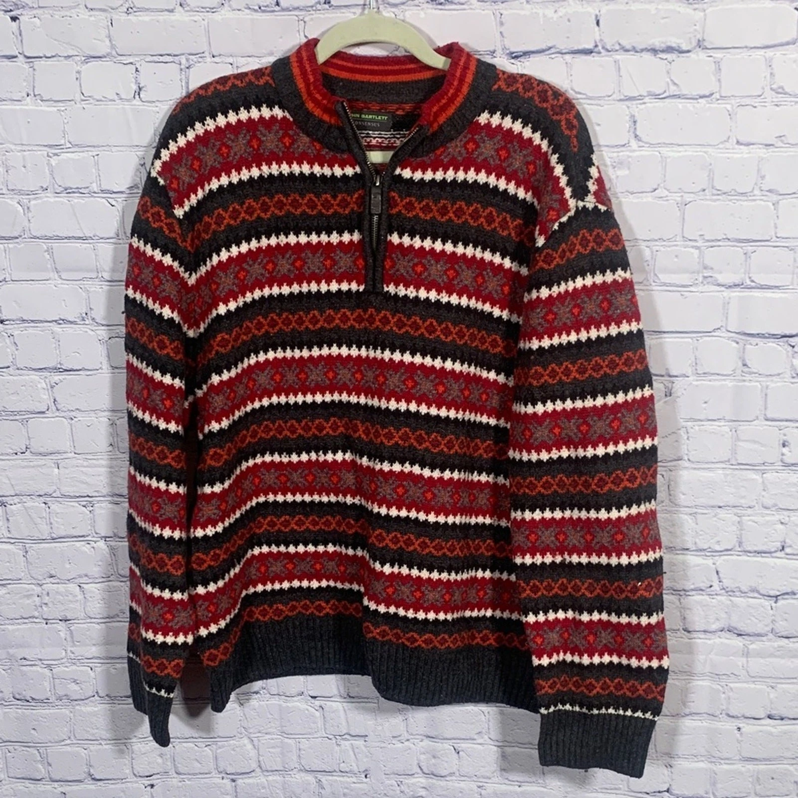 John Bartlett Mens 1/4 Zip Fair Isle Sweater Red Gray Size XL Preppy Holiday
