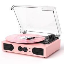 Vinyl Record Player 3 Speed Treble Bass Control Pink Built-in Speakers