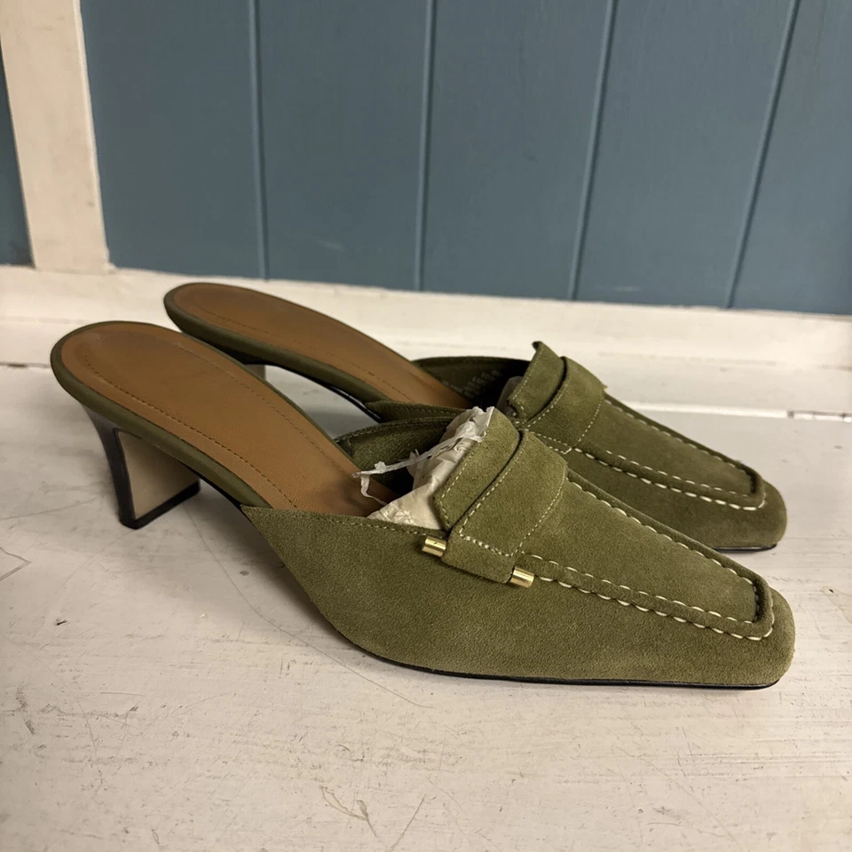 Women's Sz 8  Vintage LifeStride Lucinda Olive Green Suede Leather Mules Heels L - Image 4 of 4