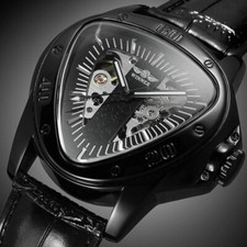 Forsining Mens Male Automatic Winding Watch Wind Up Cool Triangle Dial Leather