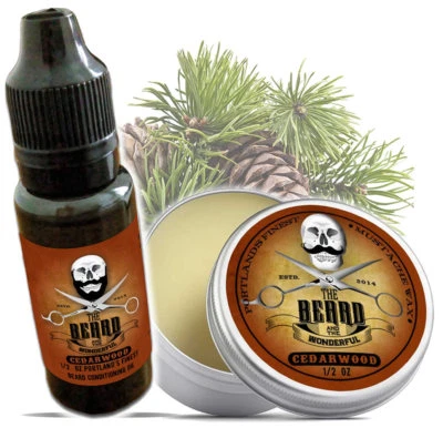 THE BEARD AND THE WONDERFUL Combo Set Beard Conditioning Oil Moustache Wax Mens Beard Grooming Kit Cedarwood