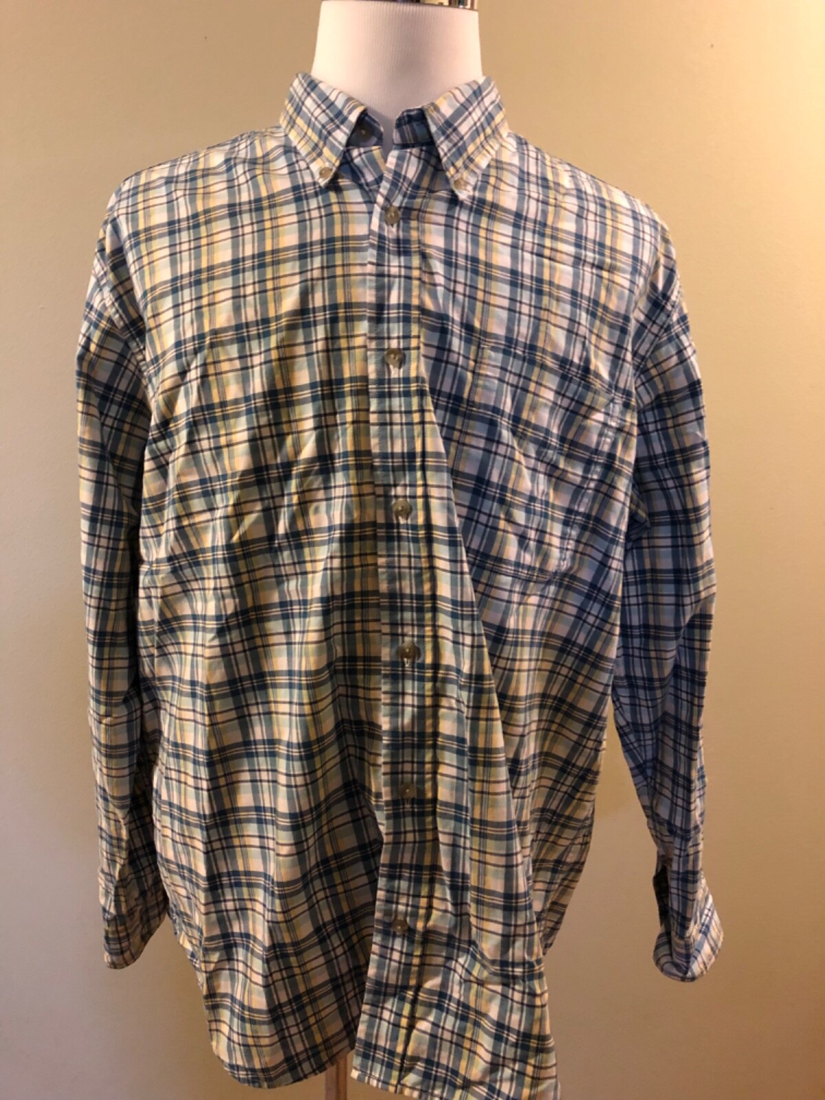 Mens Eddie Bauer Button Down Blue Plaid Relaxed Fit Shirt, XL
