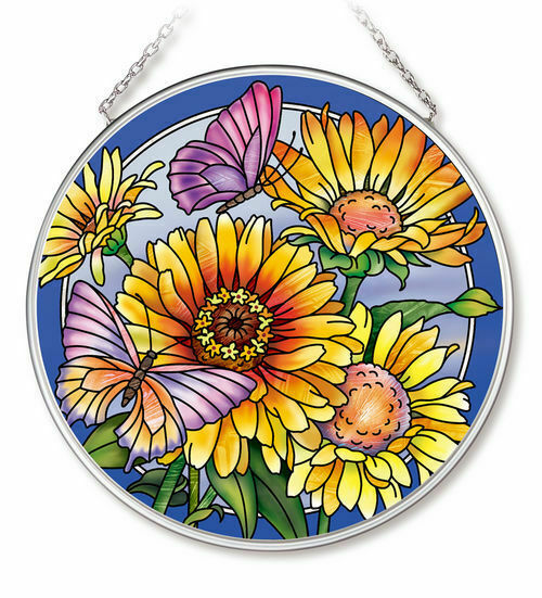 AMIA Stained Glass Suncatcher 4.5" Round Daisies & Butterflies 42533