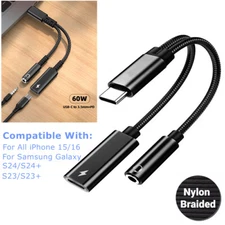 2 in 1 Type-C USB C to 3.5mm AUX Audio Headphone Jack Adapter Charger Cable New