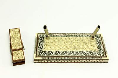 Vintage Arab Mother of Pearl Mosaic Inlay Desk Set Pen Holder Memo Note Clip