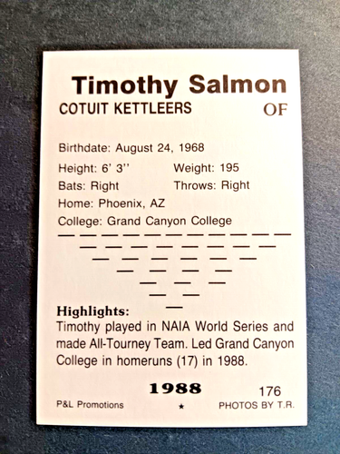 1988 P&L Promotions Cape Cod League NCAA Tim Salmon #176 - Picture 2 of 2
