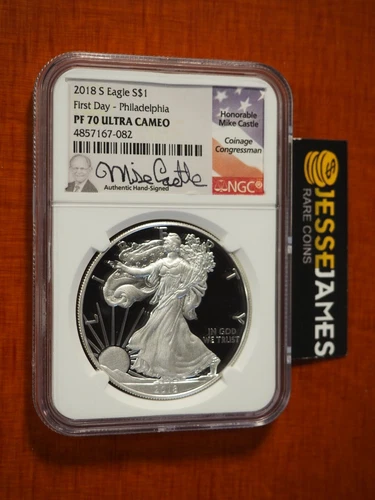 2018 S PROOF SILVER EAGLE NGC PF70 ULTRA CAM MIKE CASTLE FIRST DAY ISSUE PHILLY