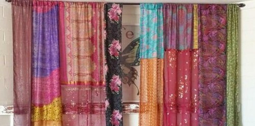2 Pcs Indian Sari Patchwork Curtain Drape Window Decor Multi Silk Sari Curtain - Picture 5 of 5
