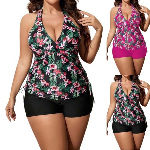 Women's Plus Size Floral Print Tankini Set Halter Tops and Shorts Bikini Bathing - Picture 7 of 13