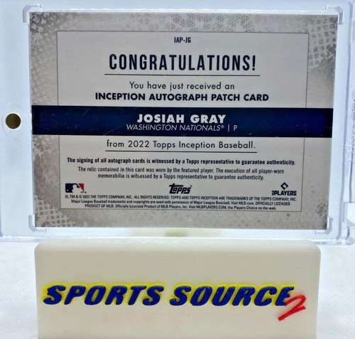 Josiah Gray 2022 Topps Inception Patch Auto RPA Rookie/249 Nationals - Imagen 2 de 2