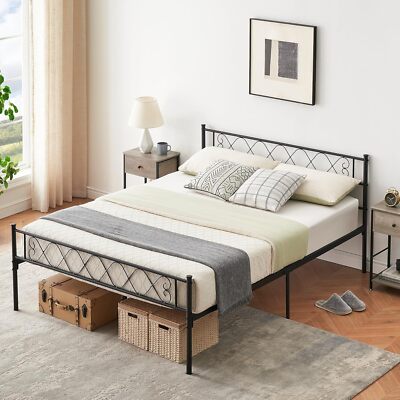 Queen Size Metal Bed Frame Platform Slats Support with Headboard