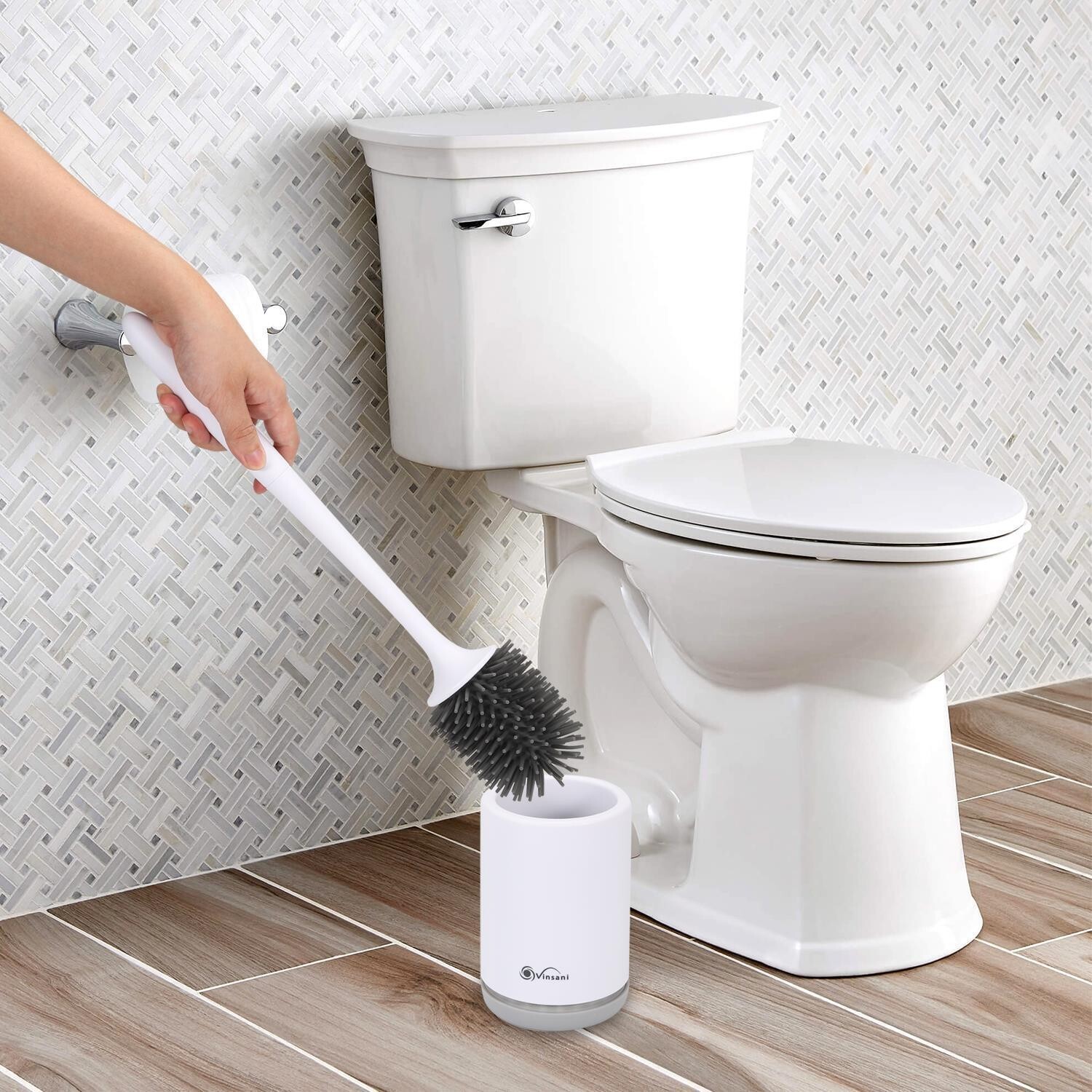 Deep Cleaner Rubber Toilet Brush with Quick Drying Holder Set Bathroom - Grey