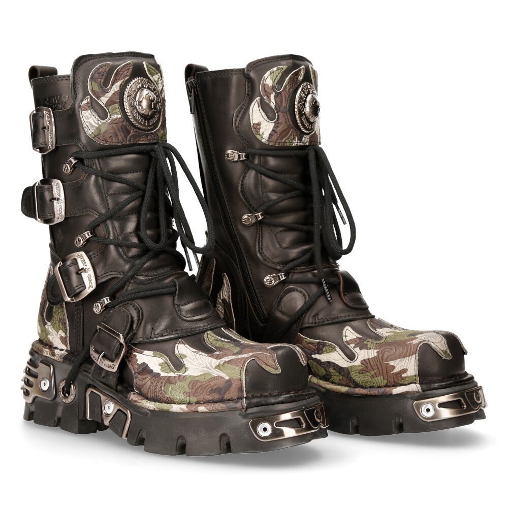 NEW ROCK 591-S15 Boots CAMOUFLAGE Flame Metallic Black Leather
