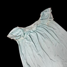 Vintage Nightgown Pajamas Aqua Nylon Lace Ruffle Sleeves Miss Elaine USA Medium
