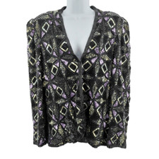 Vintage Geometric Black Silk Jacket Hand Embellished/Embroidered in Black Purple