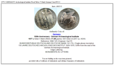 1979 J GERMANY Archeological Institute Proof Silver 5 Mark German