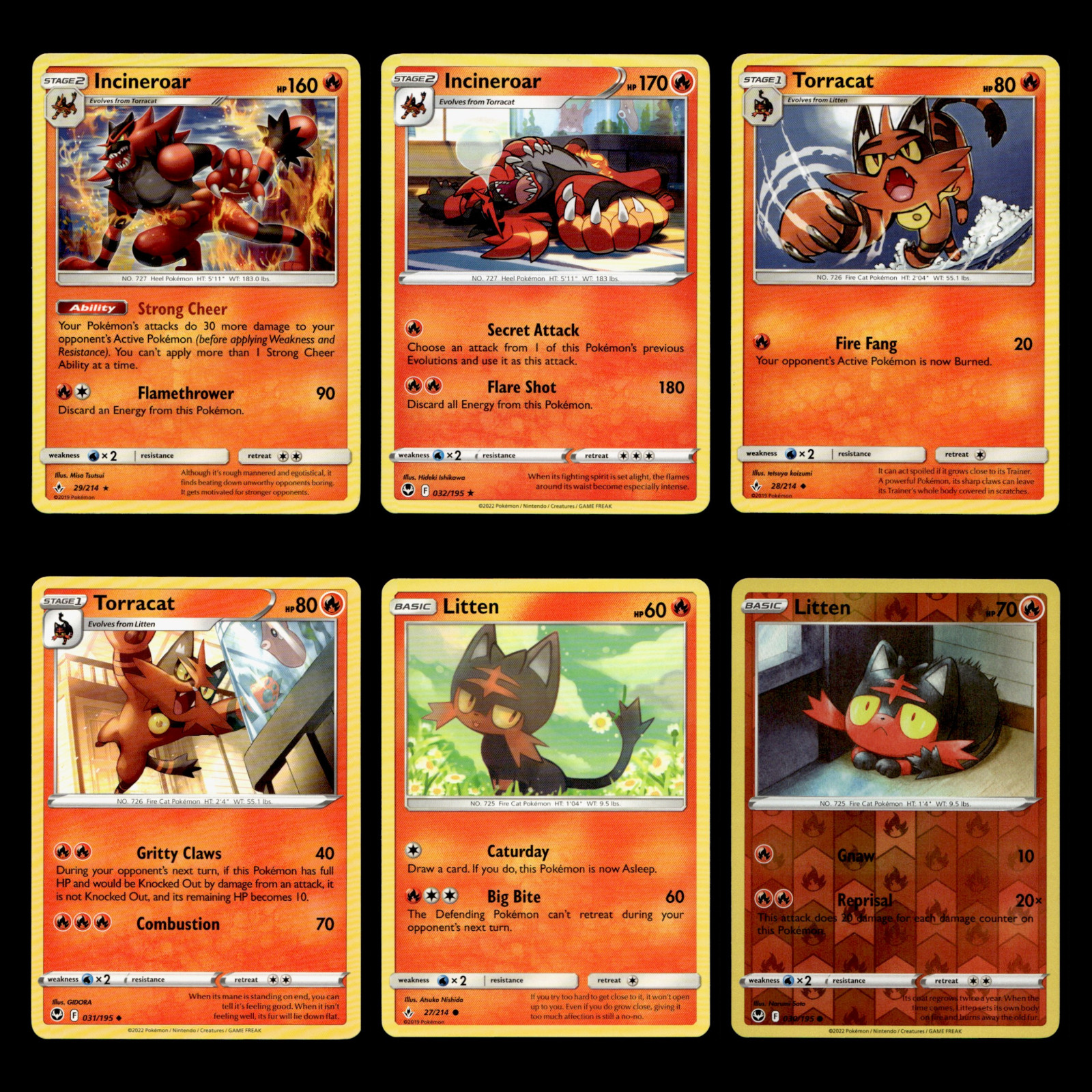 6x Incineroar Lot Torracat Litten 29 Sun Moon Unbroken Bonds Pokemon Cards Set
