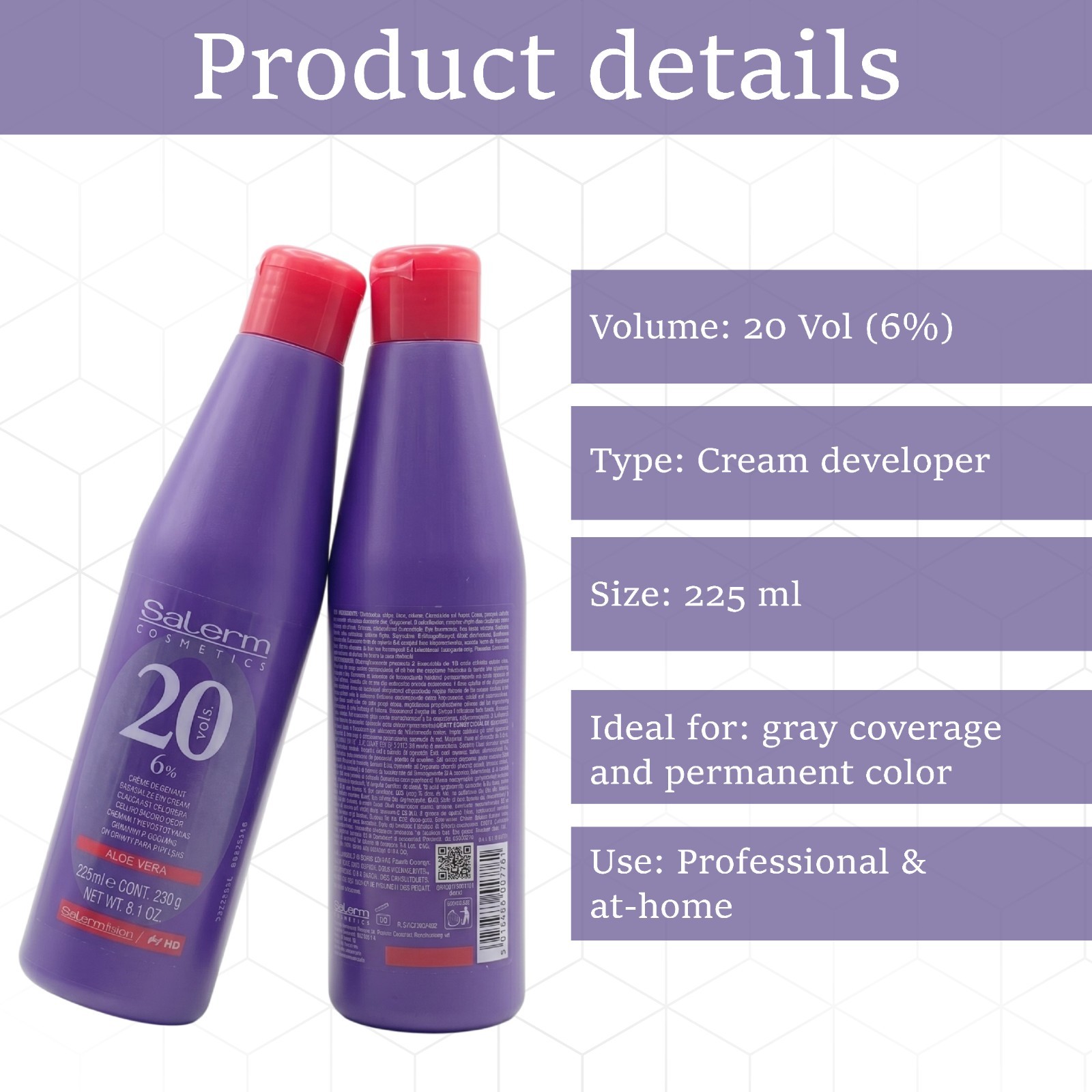 Salerm 20 Volume Cream Developer 6% Aloe Vera Hair Color Oxidant 8.1 Oz 225ml