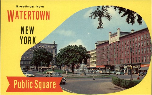 Public Square ~ Watertown NY ~ 1950s cars woody wagon taxi? ~ Rexall WT Grant