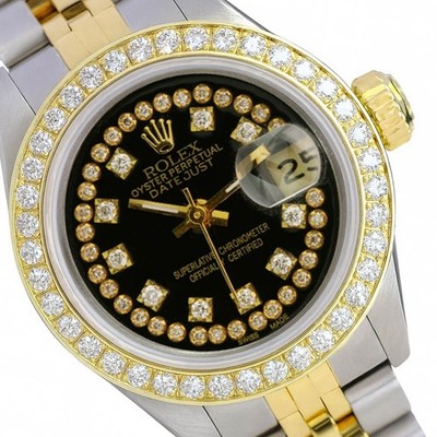 Rolex Datejust Two-Tone Gold Steel Black String Diamond Dial Jubilee 26mm Watch