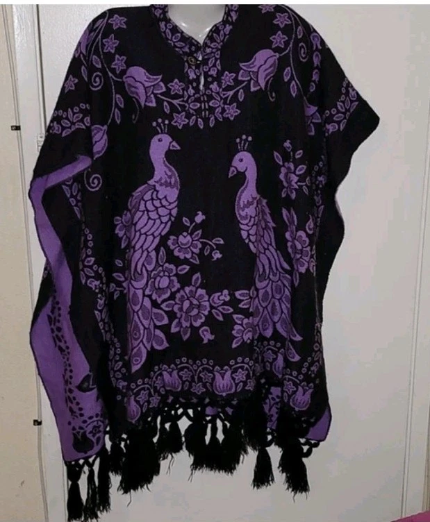 Poncho Cashmere Soft Peacock Design Women's OS