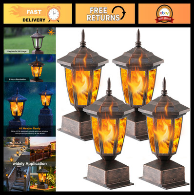 4 Pack Solar Flame Post Lights - Waterproof Flickering LED Lanterns for Garden,