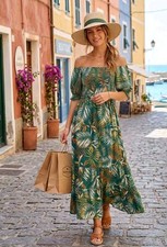 Green Orange Floral Tropical Smocked Puff Sleeve Midi Floral Sundress M