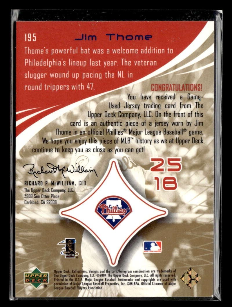 2004 Upper Deck Reflections Jim Thome Game Used Jersey Relic UX2030 view 2