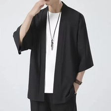 Mens Japanese Kimono Cardigan Open Stitch Yukata 3/4 Sleeve Casual Shirt
