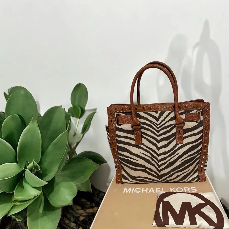 全新无标签 Michael Kors Hamilton 金色镶嵌斑马印花帆布手提包从未使用过 — 第 2/4 张图片