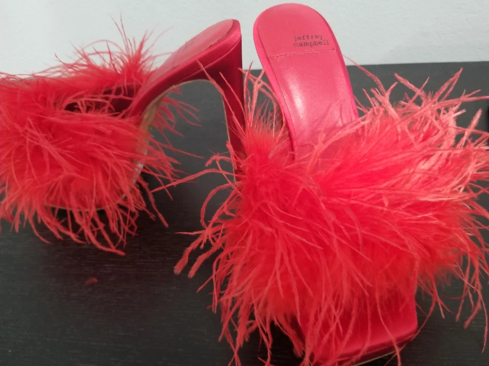 Sandalias Jeffrey Campbell Red Pluma Plataforma Infatuada Tacón Alto Slide Foto 4 de 4