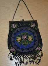 Antique MicroBeaded Art Deco Purse w/ Fringe Roses / Floral Beautiful  R 
