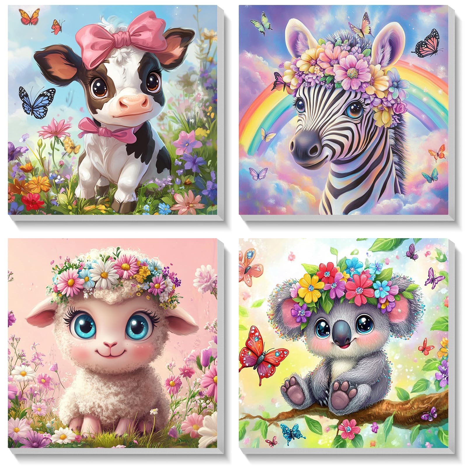 Peinture par Numéros Anti-Stress Enfant 4 Pièces Animaux Mignons avec Cadre Rigide Pastel