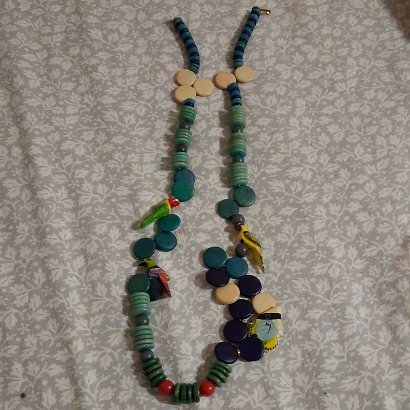Handcrafted Multicolor Wood Beaded Statement Necklace w/ Bird Charm, Hook
