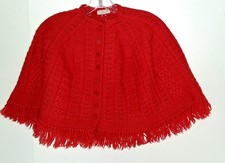 Vintage Handknit Red Poncho Shawl Girls Toddler Youth Button Down Fringed